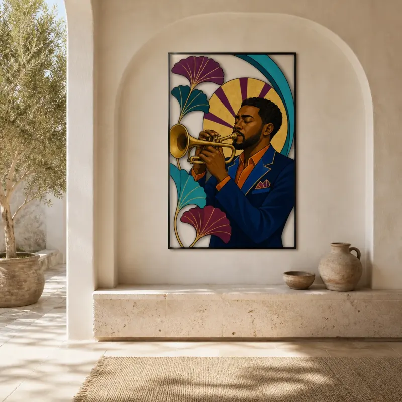 Black Jazz Trumpet Player in Art Deco Style Colorful Metal Wall Decor