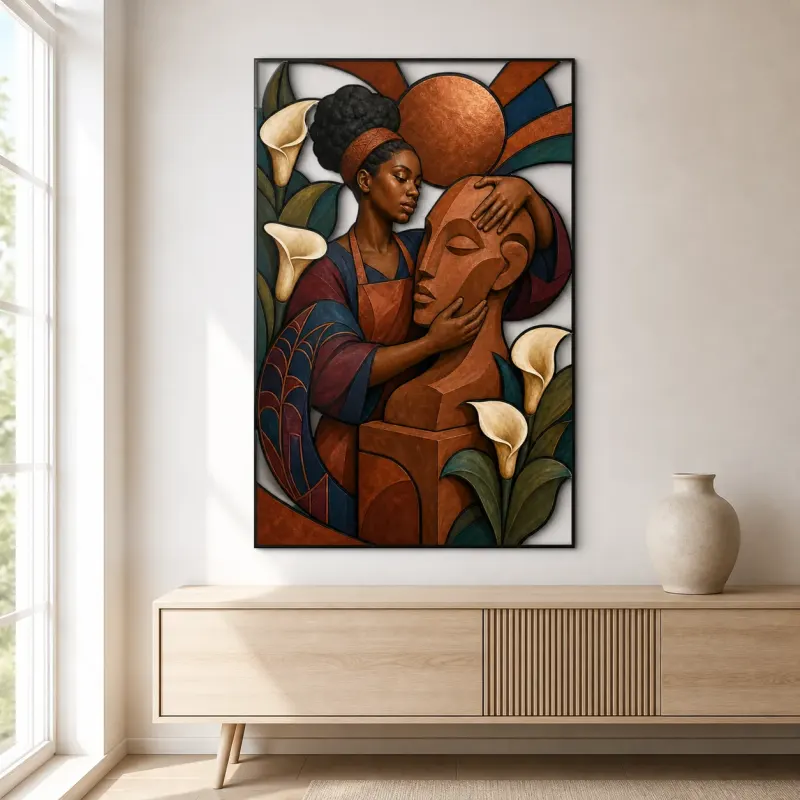 Black Woman Sculptor with Statue and Calla Lilies Colorful Metal Wall Art