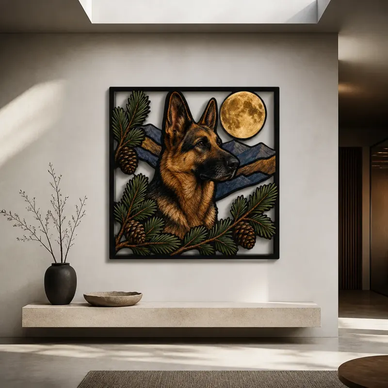 German Shepherd with Pine Cones and Full Moon Colorful Metal Wall Art