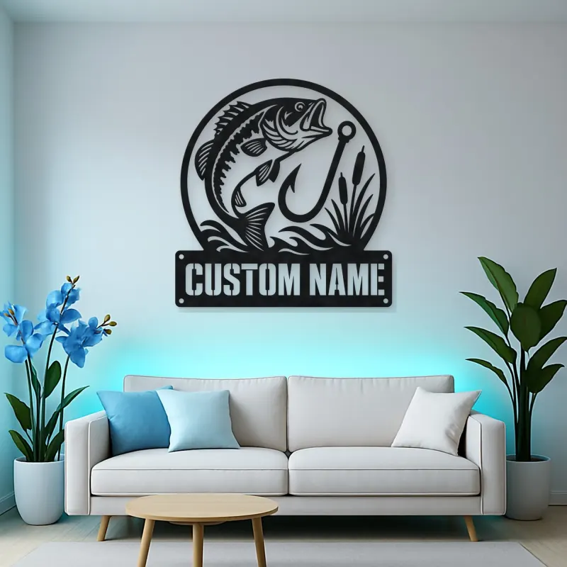 Personalized Largemouth Bass Fishing Metal Wall Art with Hook