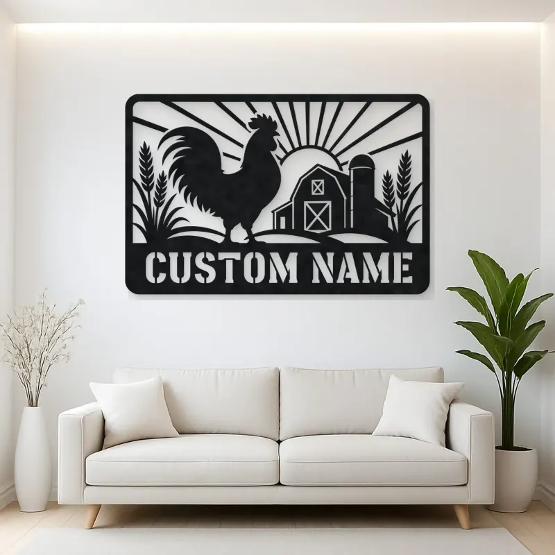 Personalized Rooster Farm Metal Wall Art with Barn Scene
