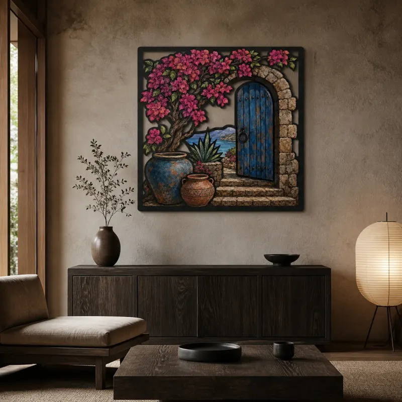 Blue Stone Arch Door with Bougainvillea and Sea Colorful Metal Wall Art