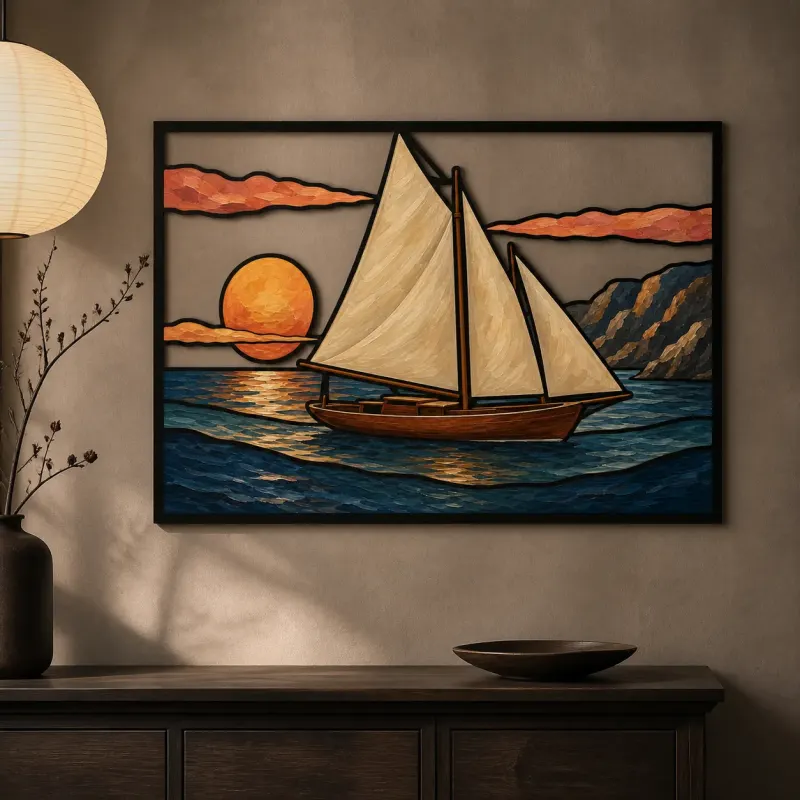 Sailboat on Mountain Lake at Sunset Colorful Metal Wall Art