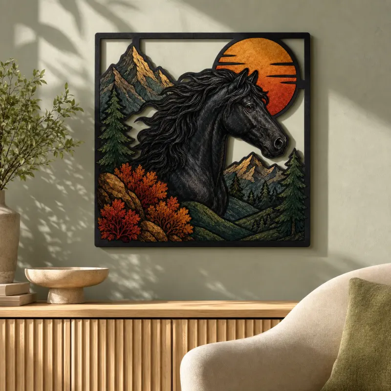 Black Horse with Mountains and Copper Sunset Colorful Metal Wall Art