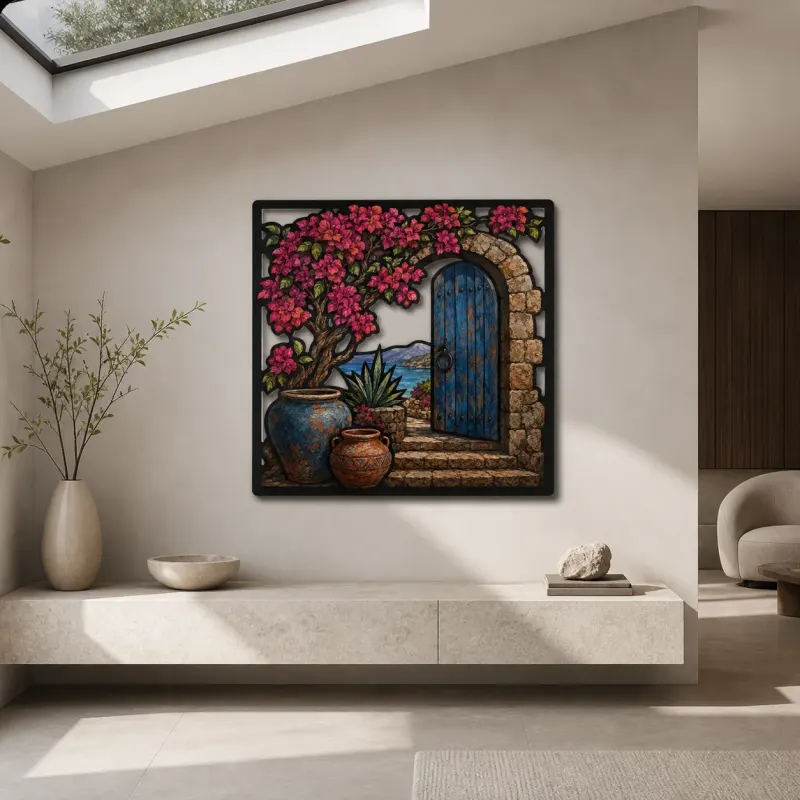 Blue Stone Arch Door with Bougainvillea and Sea Colorful Metal Wall Art