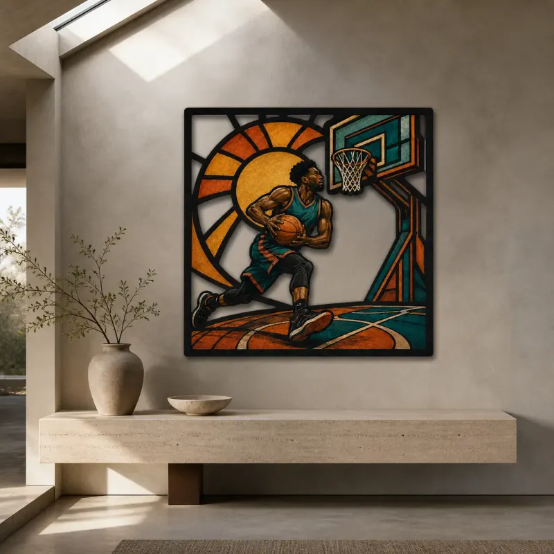 Basketball Player Driving toward the Hoop Colorful Metal Wall Art