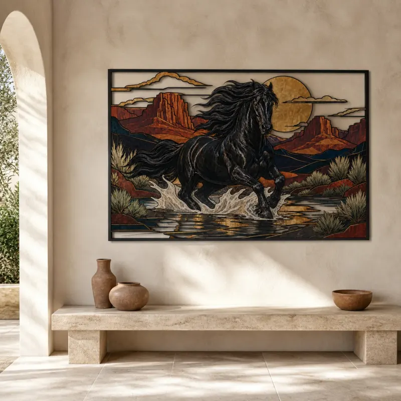 Black Horse Running through Desert Stream Colorful Metal Wall Art