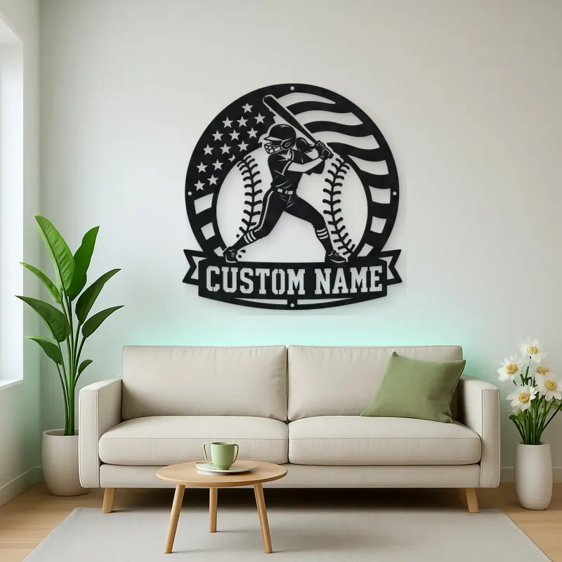 Personalized Female Softball Batter Round Flag Metal Wall Art