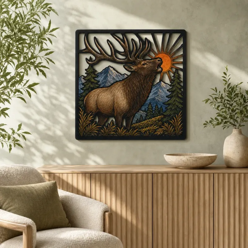 Bull Elk in Mountains beneath Radiant Sun Colorful Metal Wall Art