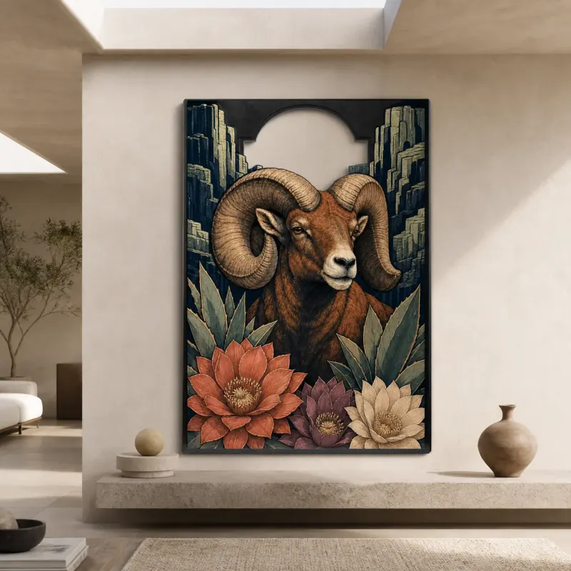 Bighorn Ram with Succulents and Mountain Cliffs Colorful Metal Wall Art