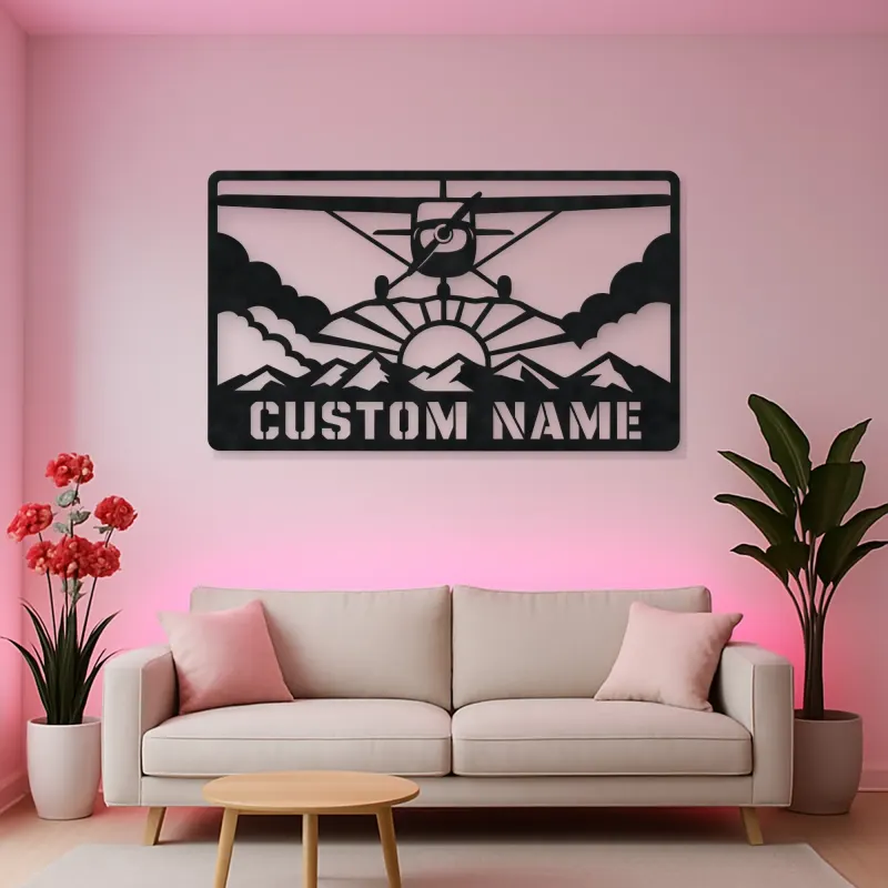 Personalized Propeller Airplane Metal Wall Art with Mountains