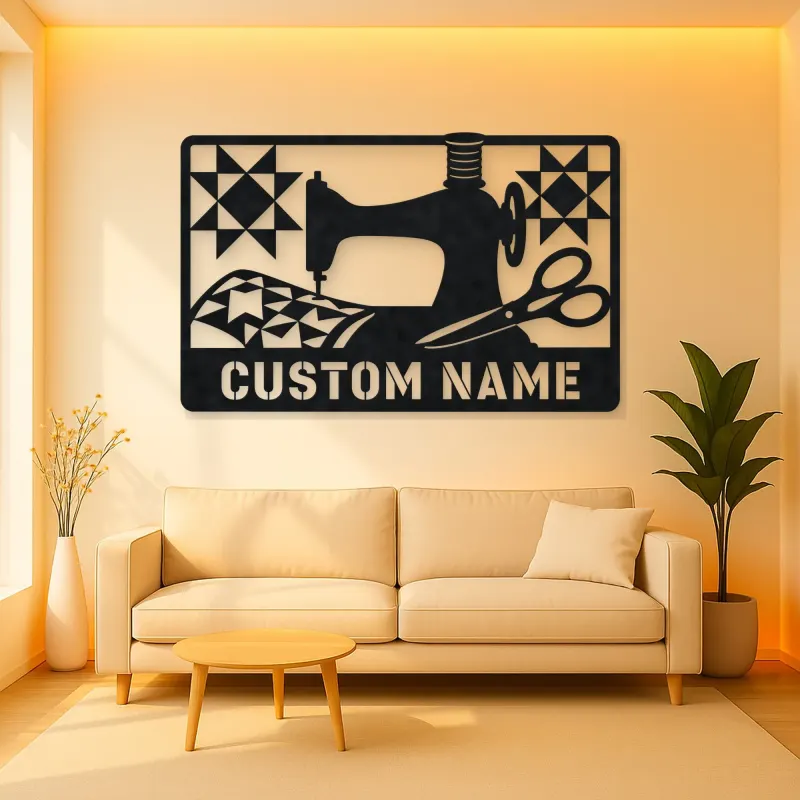 Personalized Sewing Machine Metal Wall Art with Quilt Details