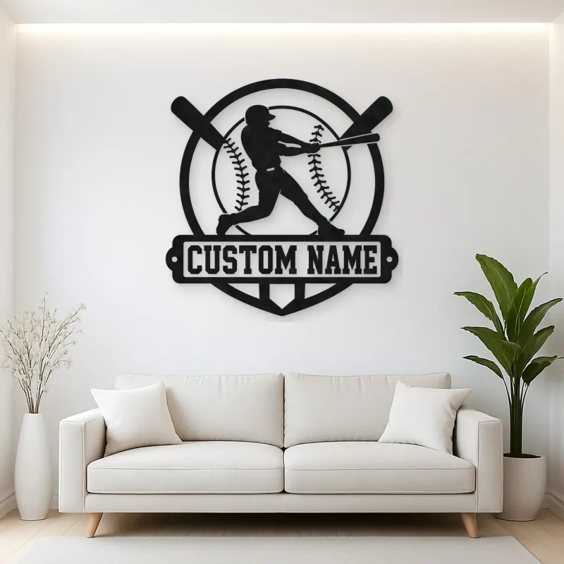 Personalized Baseball Batter Crossed Bats Metal Wall Art