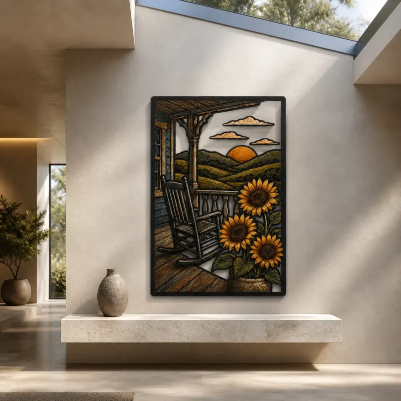 Farmhouse Porch Rocking Chair with Sunflowers Colorful Metal Wall Art