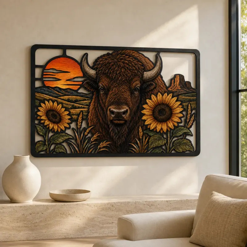 Bison with Sunflowers in Western Landscape Colorful Metal Wall Art