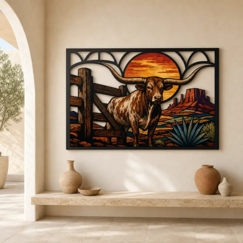 Texas Longhorn by Desert Ranch at Sunset Colorful Metal Wall Art