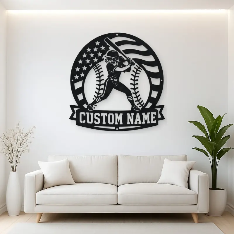 Personalized Female Softball Batter Round Flag Metal Wall Art