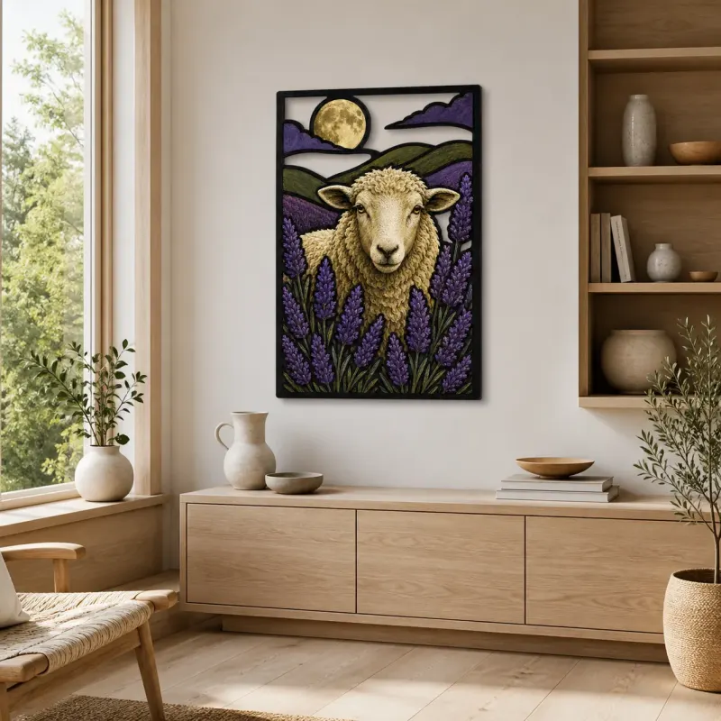 Sheep among Lavender Fields beneath Full Moon Colorful Metal Wall Art