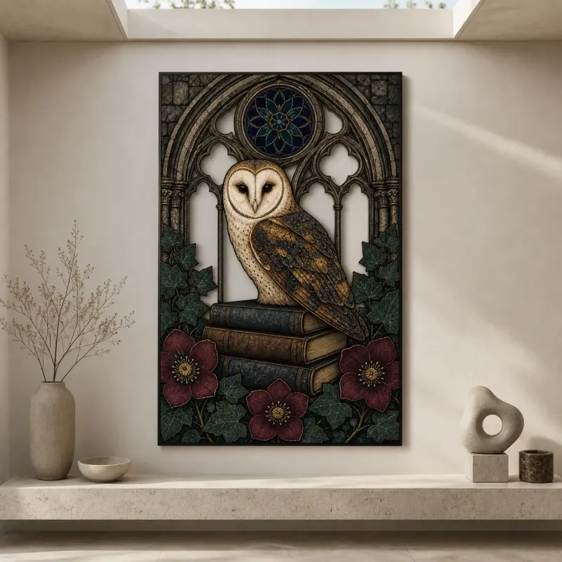 Barn Owl on Books in Gothic Window Colorful Metal Wall Art