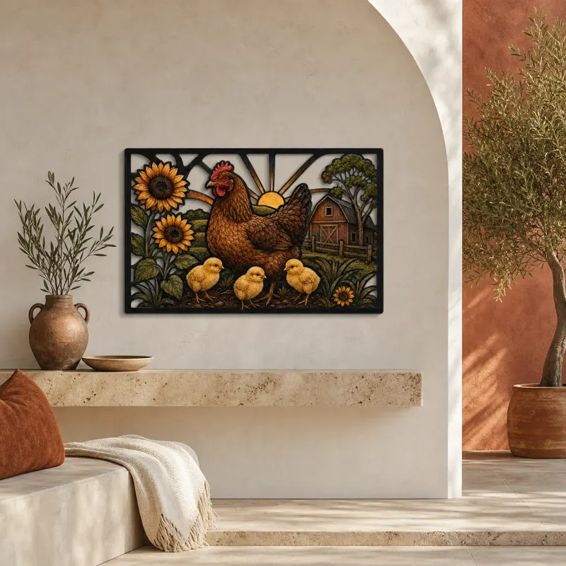 Hen and Chicks with Sunflowers by Barn Colorful Metal Wall Art