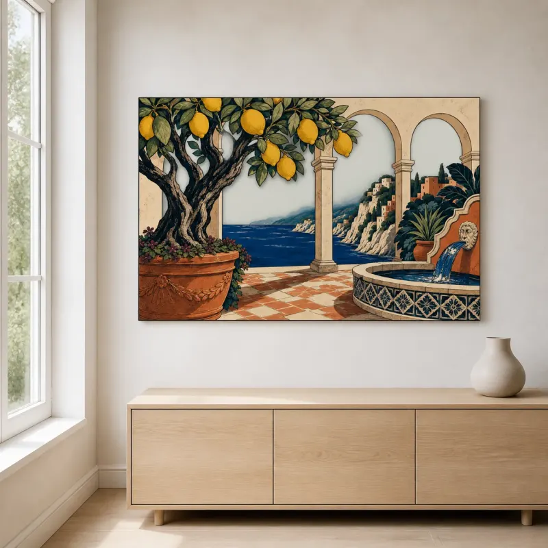 Mediterranean Lemon Courtyard with Sea View Colorful Metal Wall Art