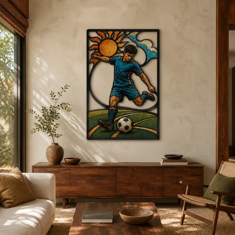 Fußballspieler, der den Ball unter der strahlenden Sonne tritt Farbige Metall-Wandkunst
