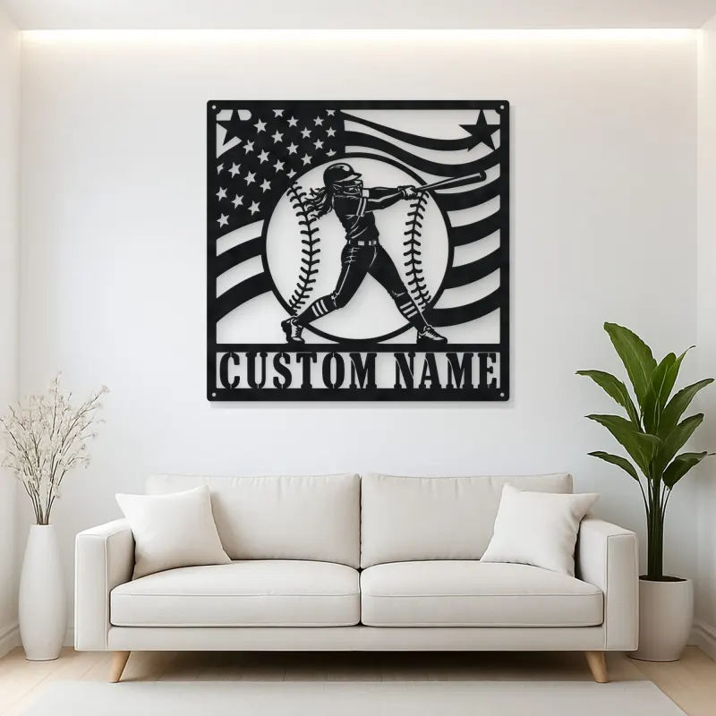 Personalized Female Softball Batter Waving Flag Metal Wall Art