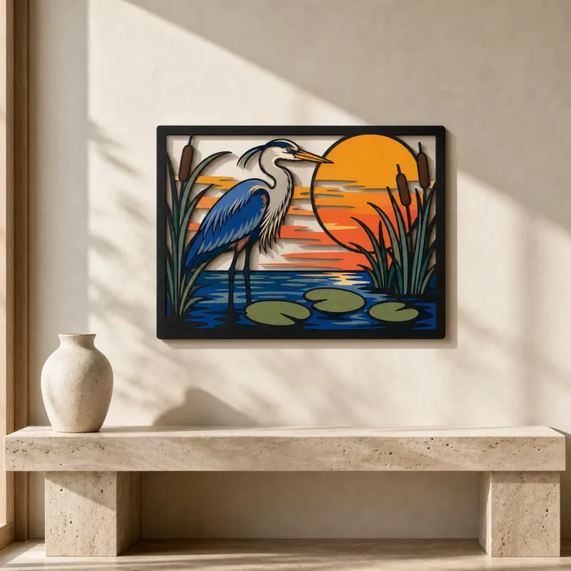 Great Blue Heron in Sunset Pond with Cattails Colorful Metal Wall Art