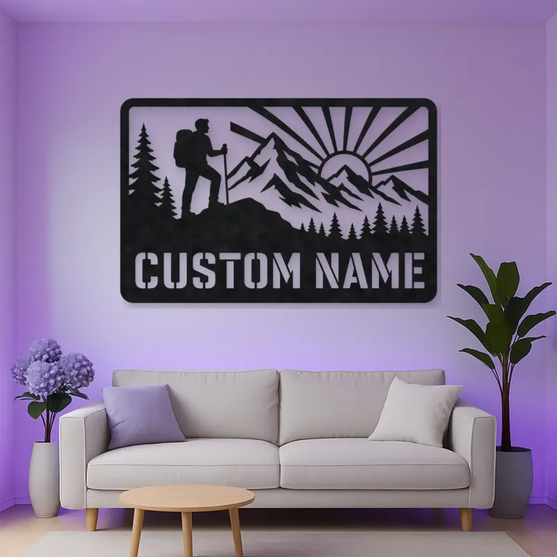 Personalized Mountain Hiker Metal Wall Art with Sunrise
