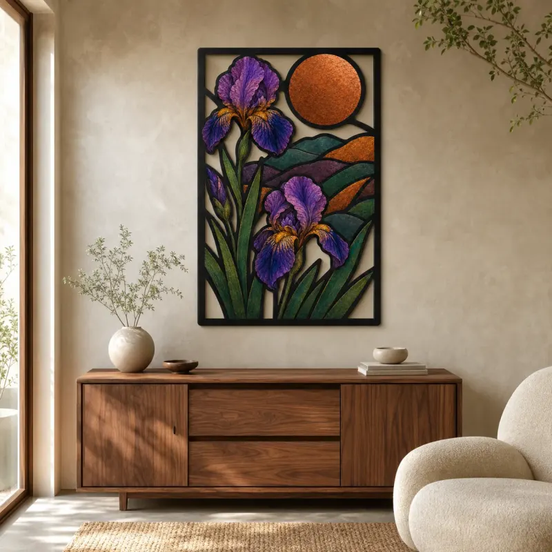 Lila Irisblüten in Berglandschaft - Bunte Metall-Wandkunst