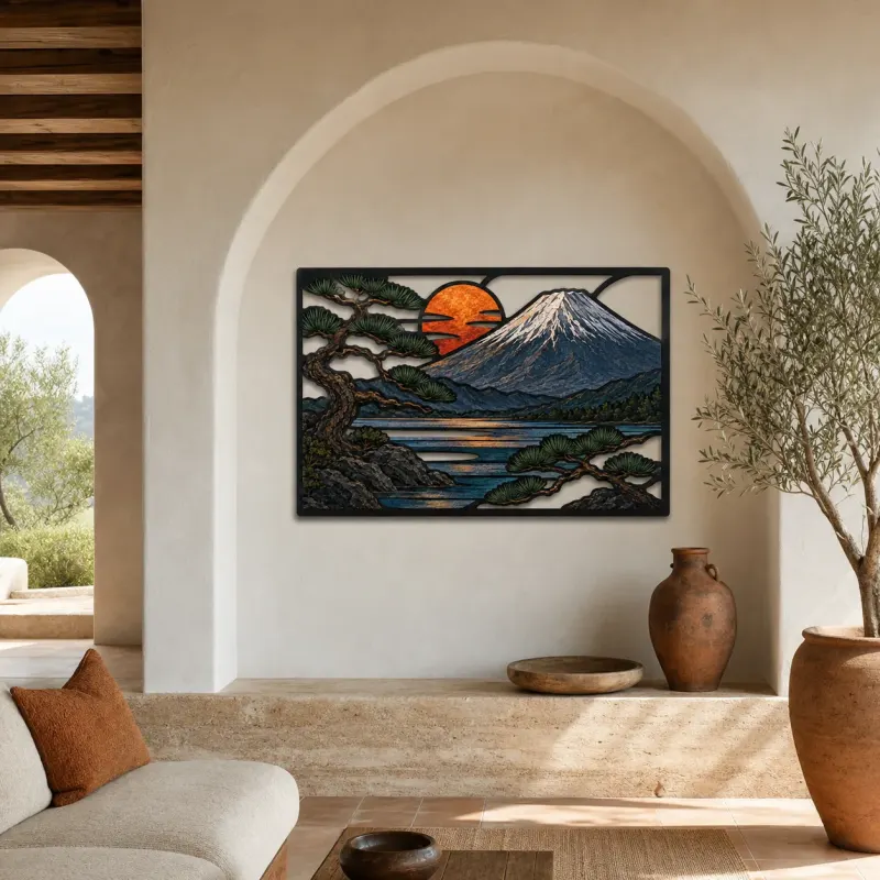 Mount Fuji with Pine Tree and Copper Sunset Colorful Metal Wall Art