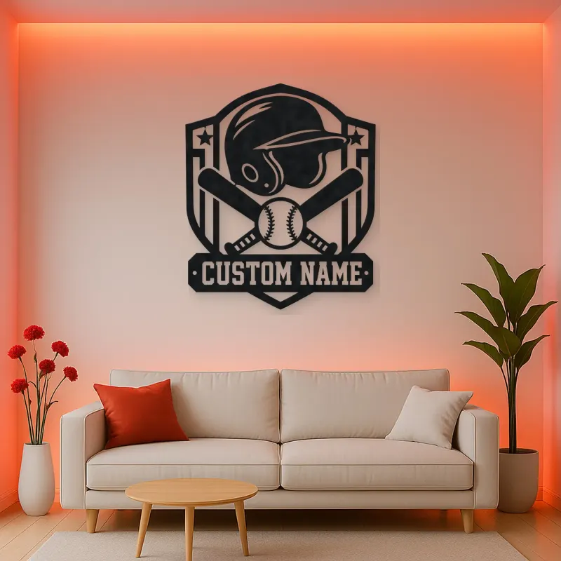 Personalized Baseball Helmet Crossed Bats Shield Metal Wall Art