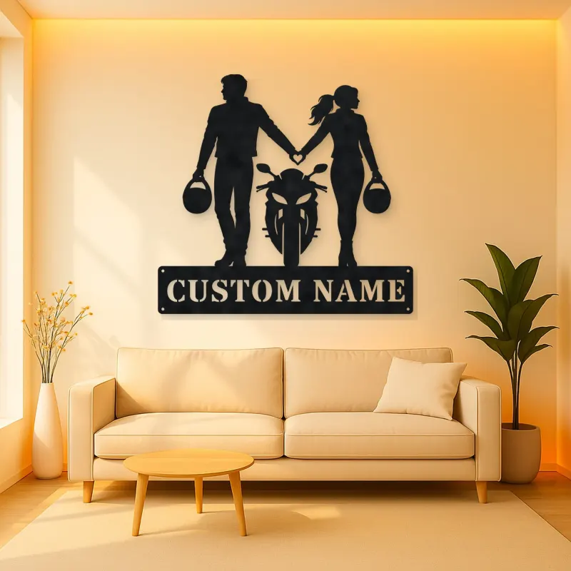 Personalized Helmet Holding Motorcycle Couple Metal Wall Art