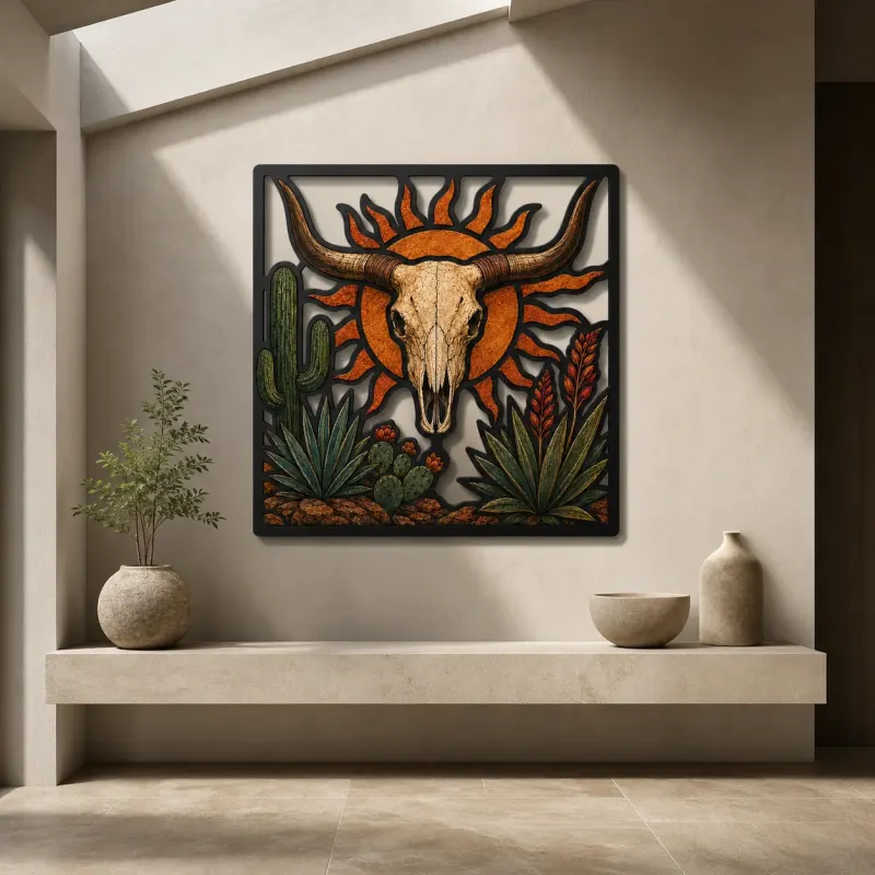 Longhorn Cow Skull with Cactus and Radiant Sun Colorful Metal Wall Art
