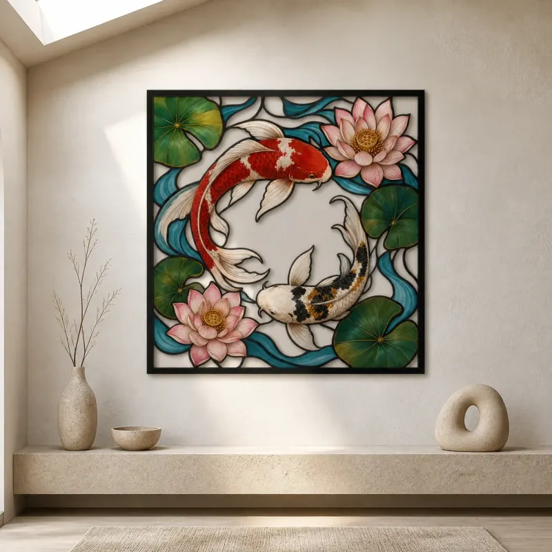 Koi Fish with Lotus Flowers in Ocean Currents Colorful Metal Wall Art