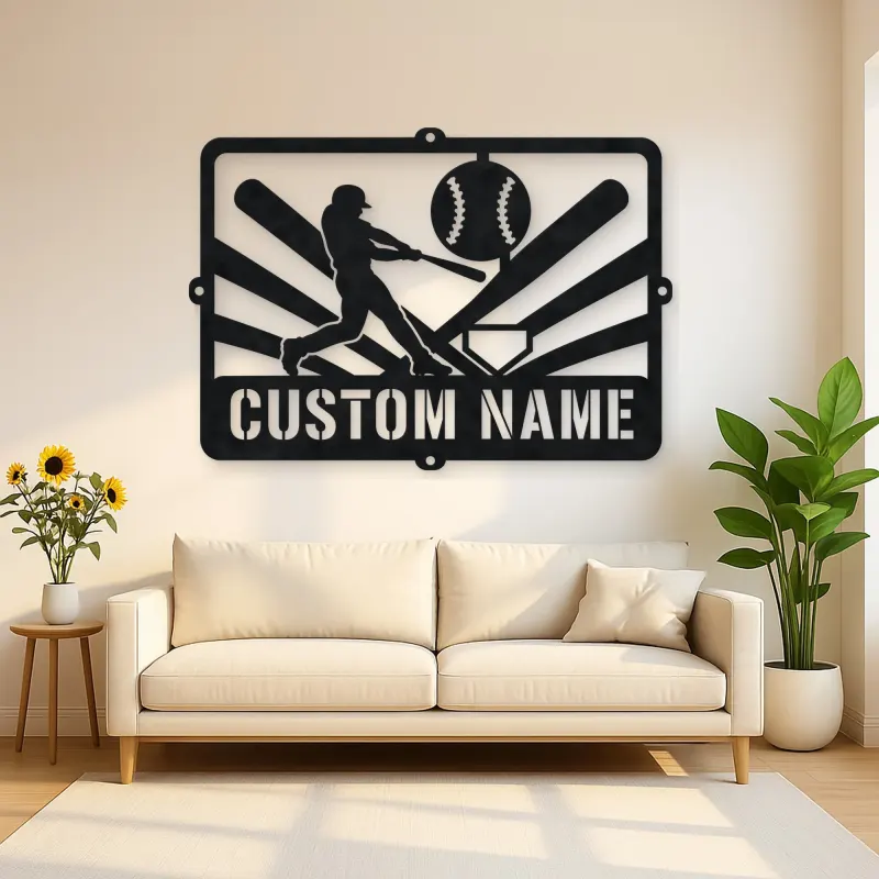 Personalized Baseball Batter Metal Wall Art with Ball Diamond
