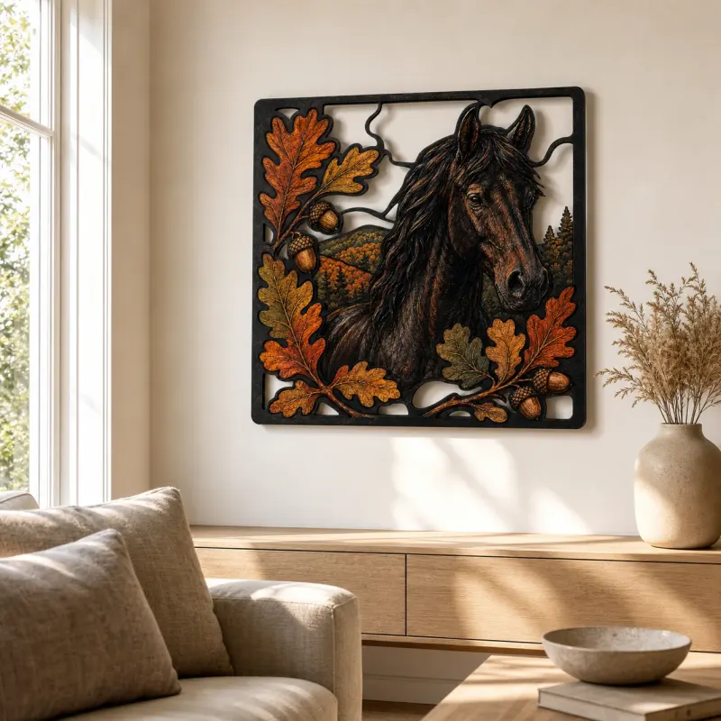 Black Horse with Autumn Oak Leaves Colorful Metal Wall Art