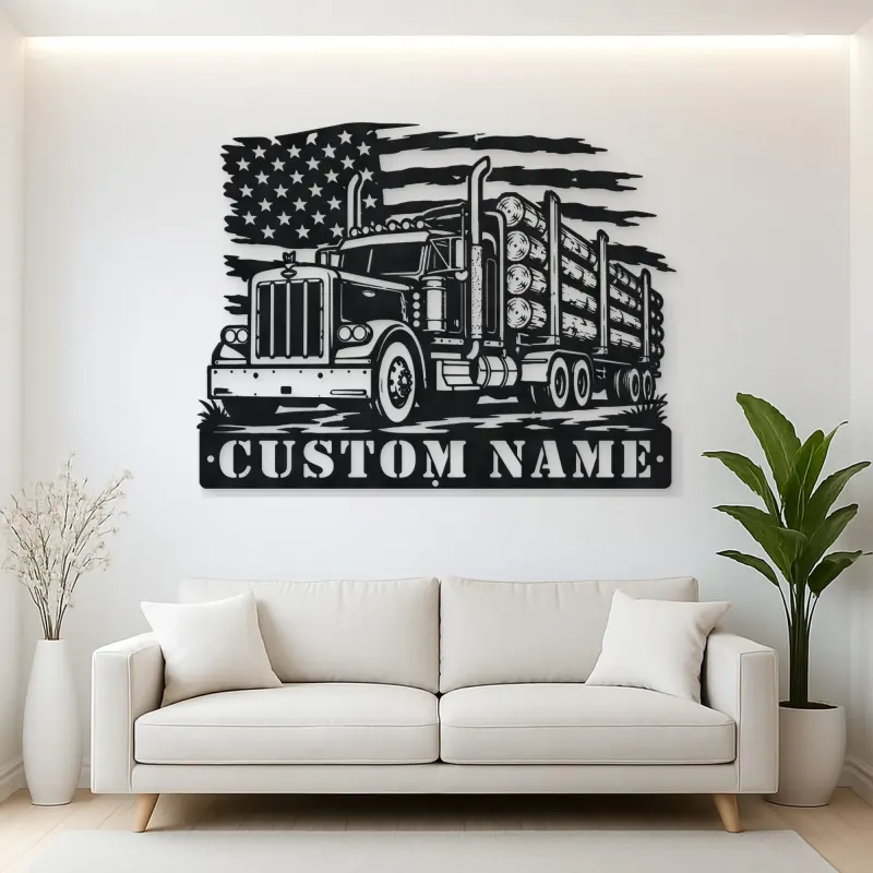 Personalized Logging Semi Truck Metal Wall Art with American Flag