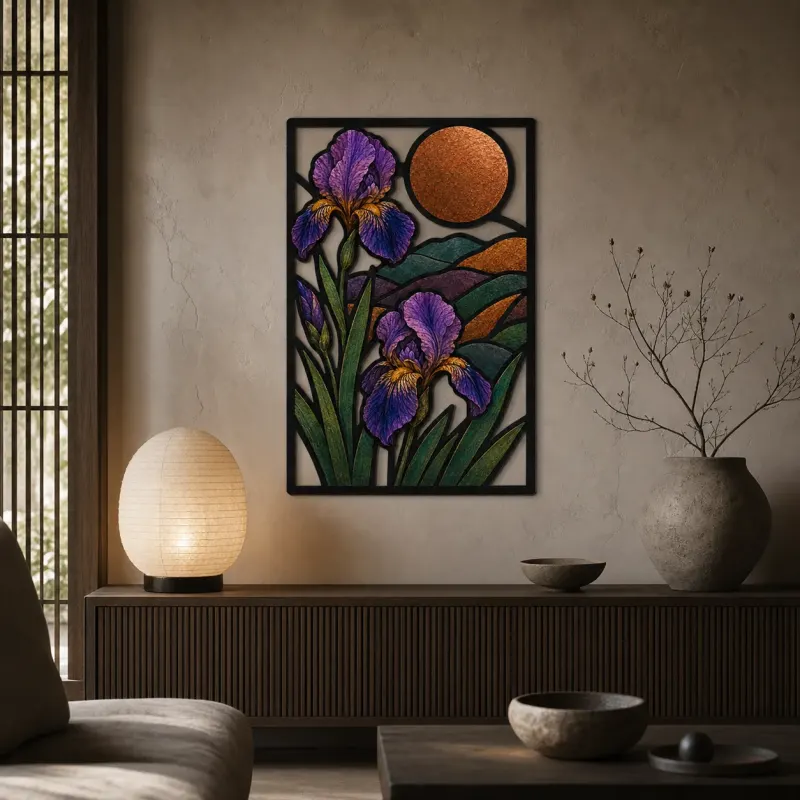 Purple Iris Flowers in Mountain Landscape Colorful Metal Wall Art