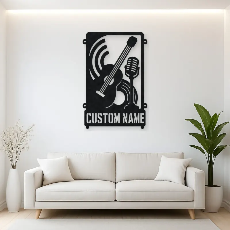 Personalized Double Bass Music Metal Wall Art with Vintage Microphone