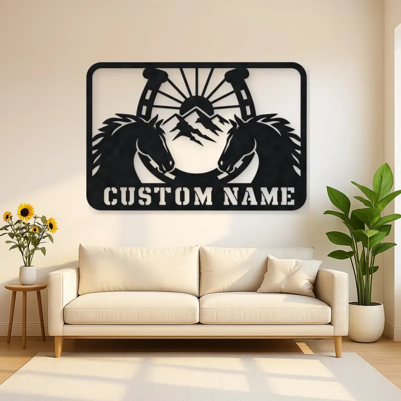 Personalized Horse Pair Metal Wall Art with Horseshoe