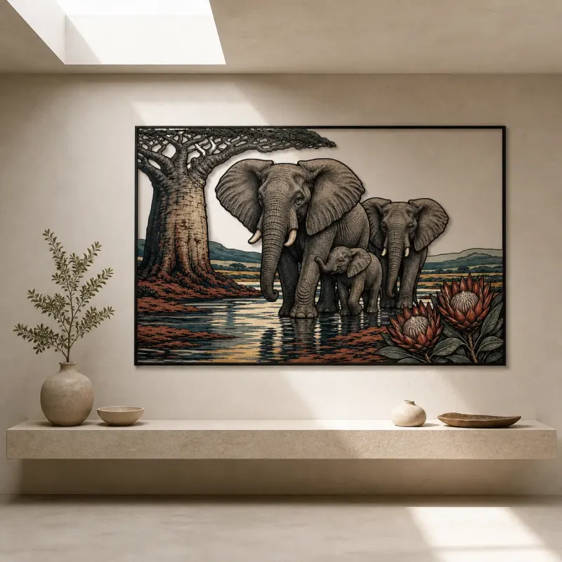 Elephant Family beneath Baobab by Water Colorful Metal Wall Art