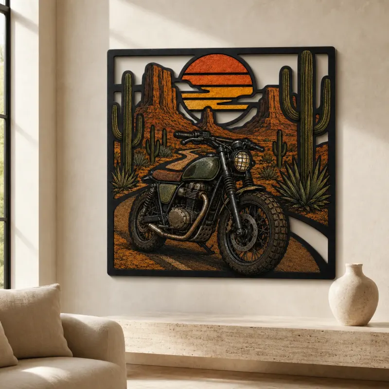 Scrambler Motorcycle on Desert Highway at Sunset Colorful Metal Wall Art
