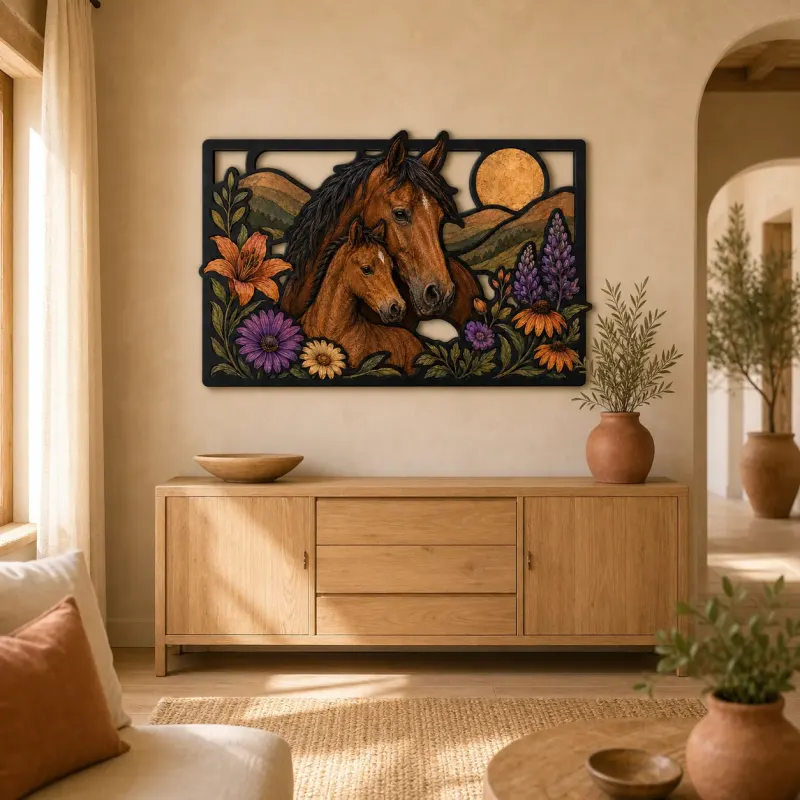 Mare and Foal with Colorful Wildflowers Metal Wall Art