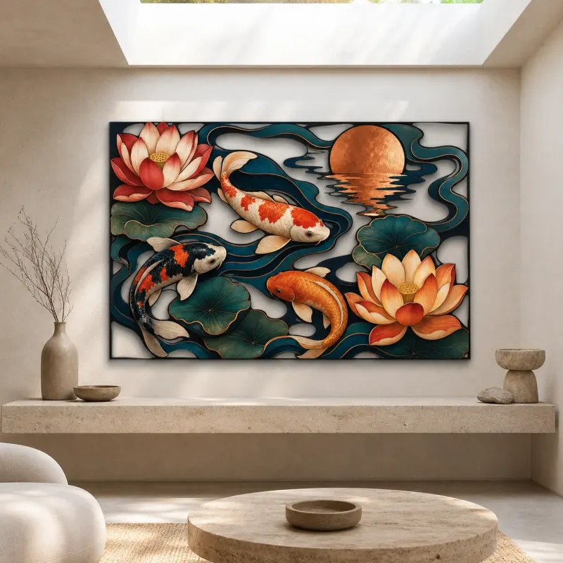 Colorful Koi Pond with Lotus Flowers and Moon Metal Wall Art