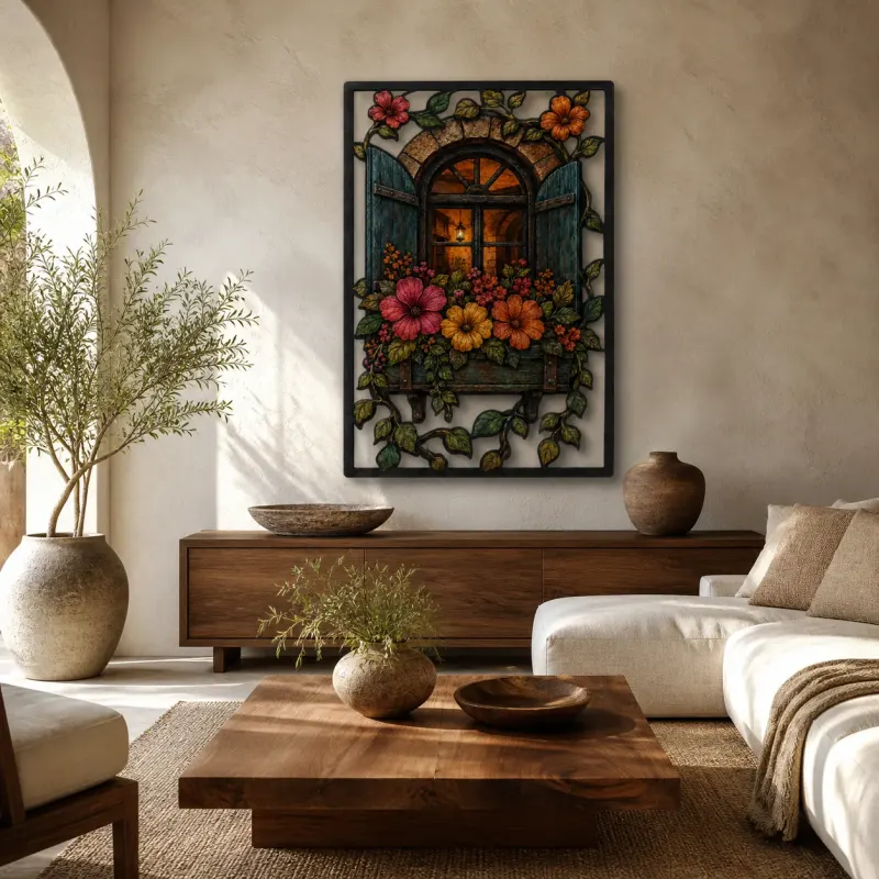 Buntes Metallschild "Fensterkasten" mit Blumen und Laterne