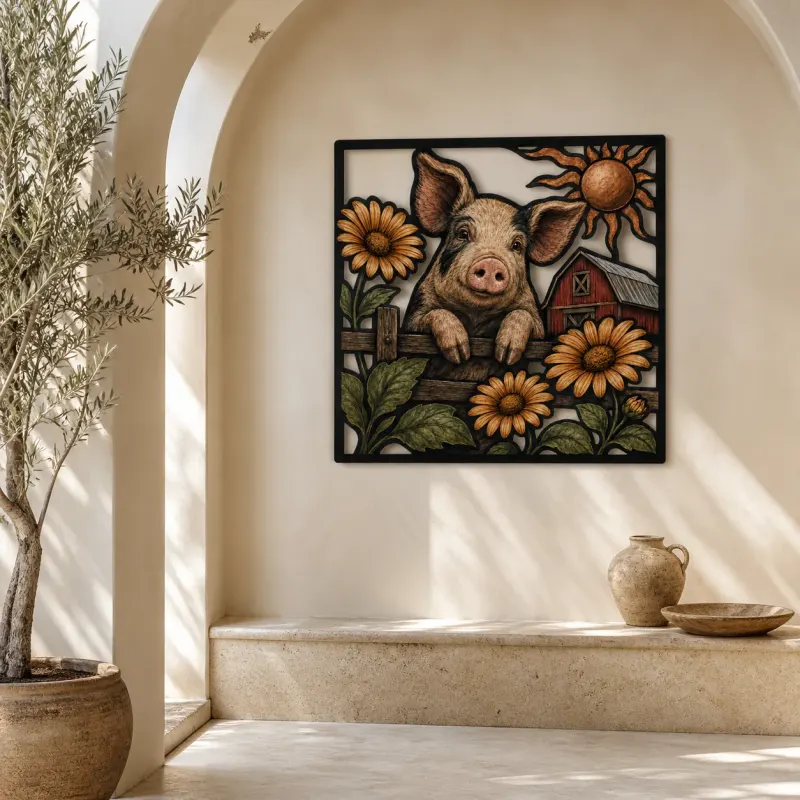 Happy Pig with Daisies and Farmhouse Barn Colorful Metal Wall Art