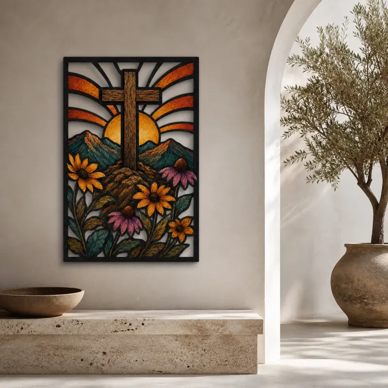Wooden Cross over Mountains and Wildflowers Colorful Metal Wall Art