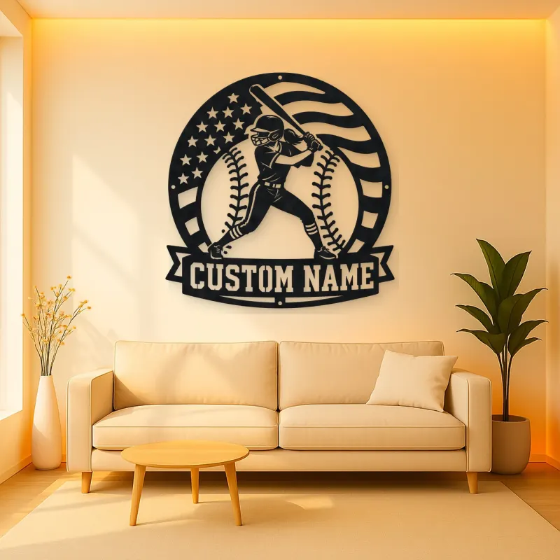 Personalized Female Softball Batter Round Flag Metal Wall Art