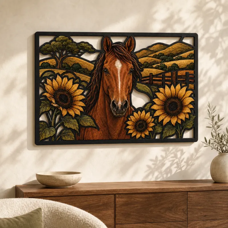 Cavallo Baio con Girasoli e Colline Insegna in Metallo Colorata